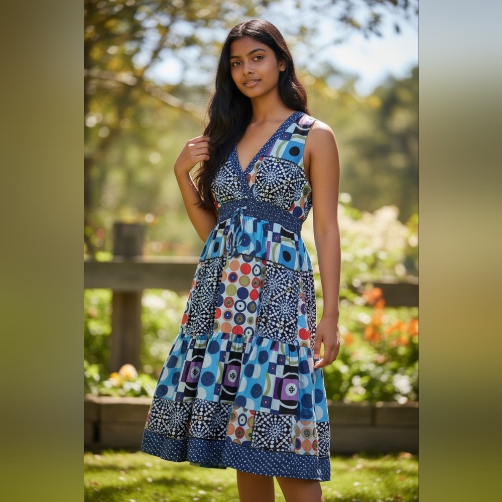 Chaudry Blue Multi-Pattern Sleeveless V-Neck Dress Sz Med NWT